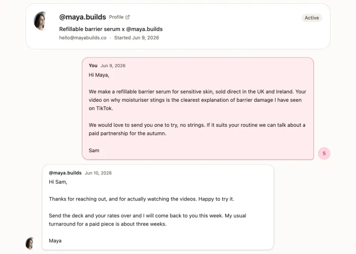 An outreach thread in SocialDuck: a pitch sent to a creator, and her reply agreeing to try the product, with a reply box below.