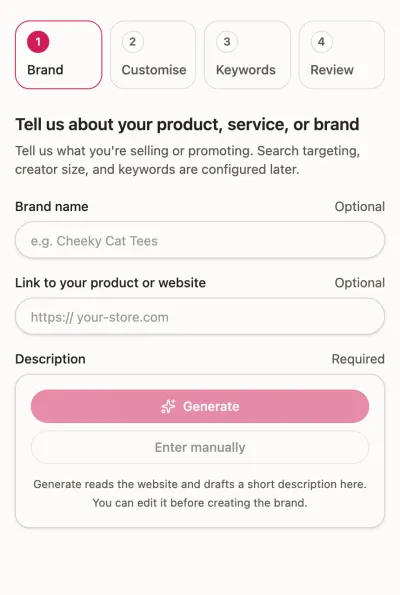 Setting up a search in SocialDuck: a brand name, website and one-line description are typed in, then a target country of United Kingdom, mid-size creators and TikTok are chosen, and the app suggests keywords, hashtags and audience terms to review.
