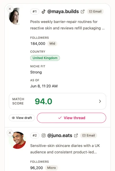 A shortlist in SocialDuck: eight creators with contact emails and match scores, a message drafted for one of them from a template, and the reply threaded back into the inbox.