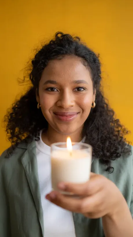 A creator holding a lit candle up to camera while she talks about it.